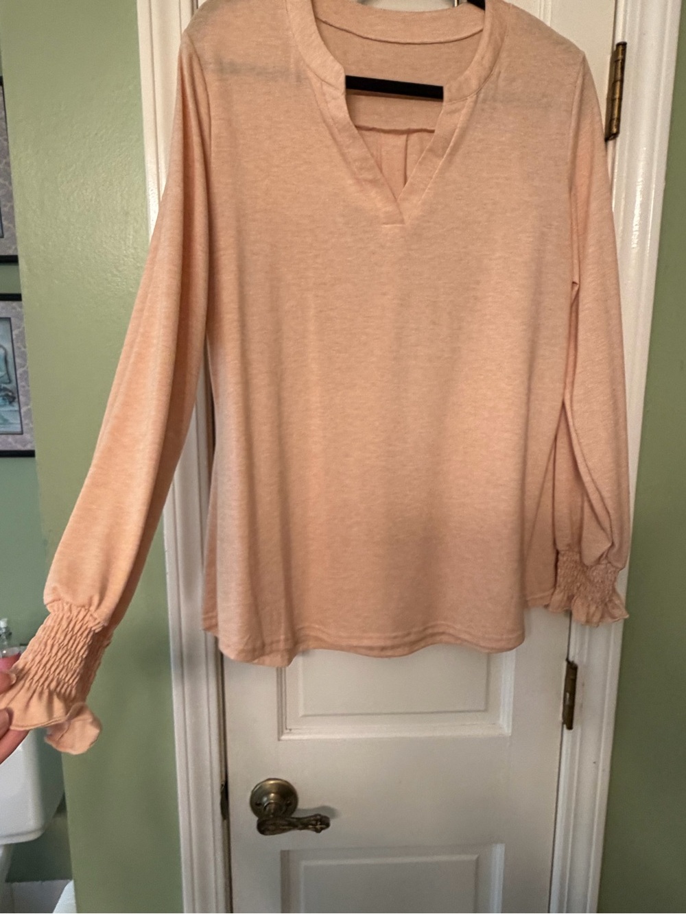 Peach Long-Sleeve V-Neck Smocked Cuff Top - Women